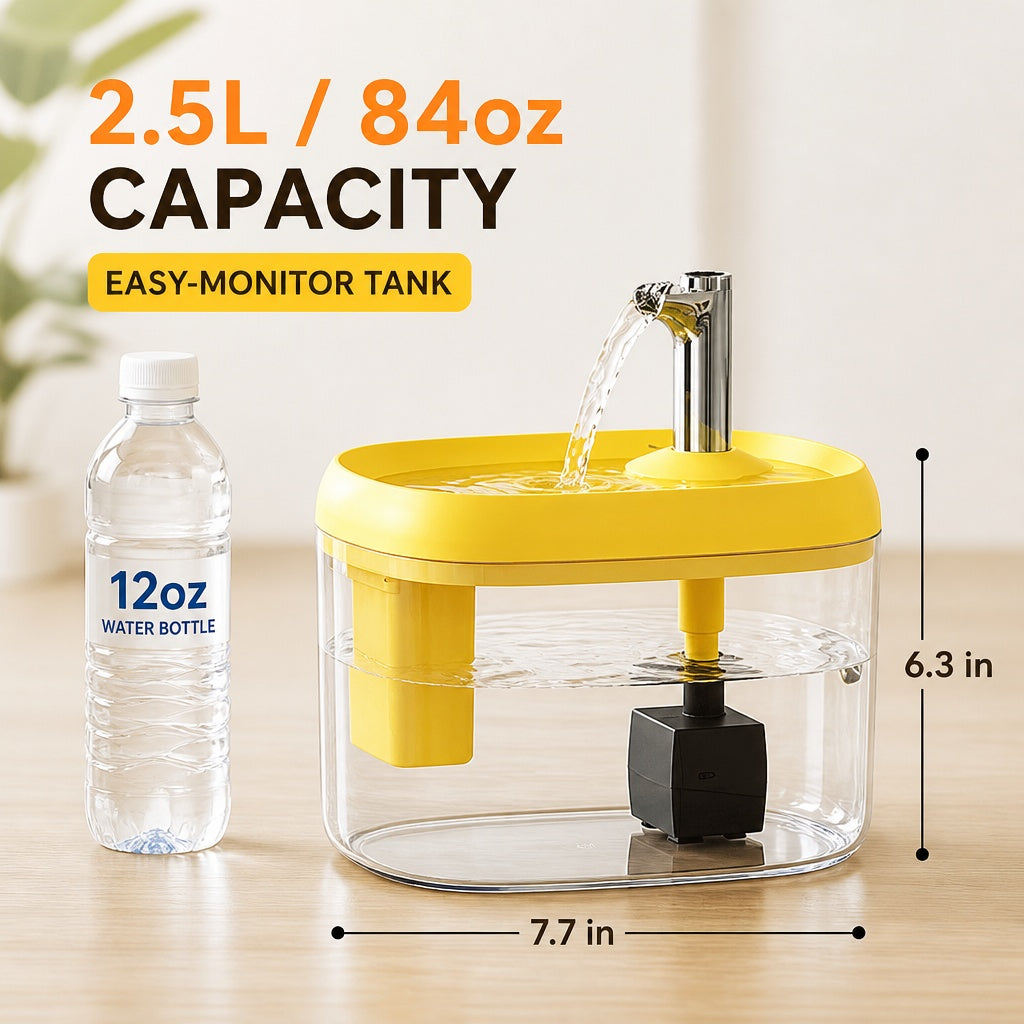 Happy Tails 2.5L Pet Water Fountain — Clear Tank, Quiet Circulating Flow
