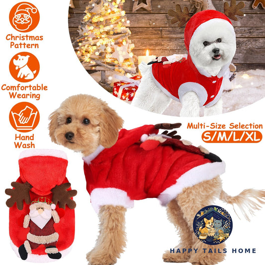 Pet Christmas Costume — Santa Coat with Reindeer Antlers
