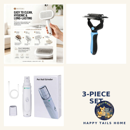 Happy Tails Complete Grooming Kit — Slicker Brush, 3-In-1 Deshedding Comb & Nail Grinder