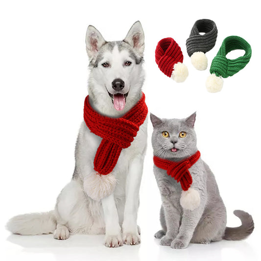 Pet Christmas Knit Scarf with Pom-Poms