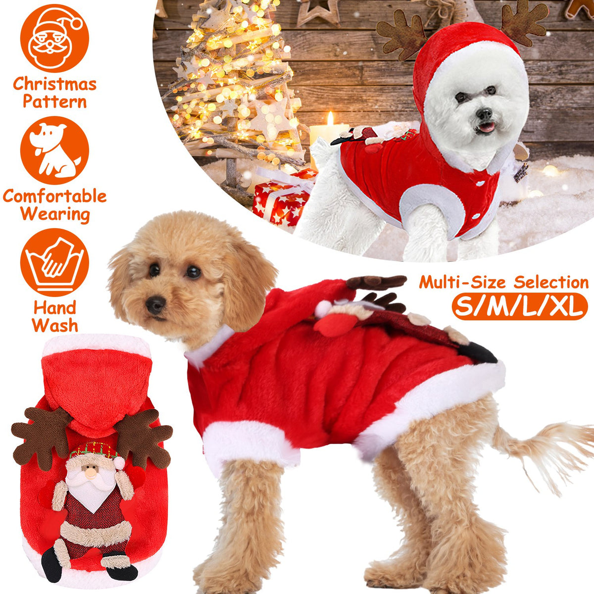 Pet Christmas Costume — Santa Coat with Reindeer Antlers