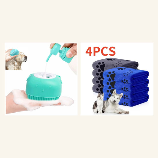 Happy Tails Bath Kit — Bathing Brush & Microfiber Towel 4-Pack