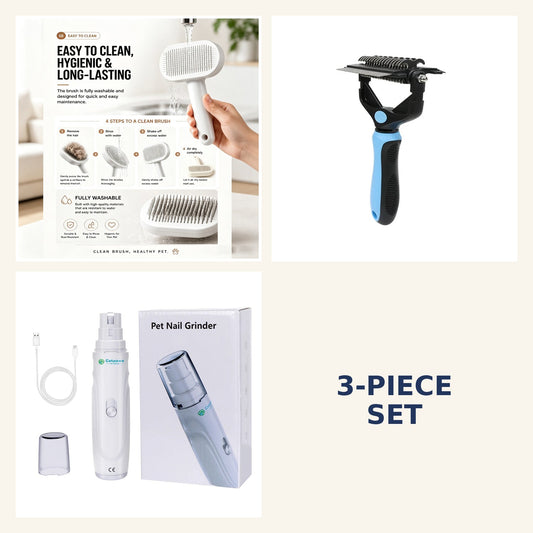 Happy Tails Complete Grooming Kit — Slicker Brush, 3-In-1 Deshedding Comb & Nail Grinder
