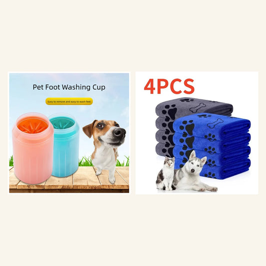 Happy Tails Outdoor Clean Set — Paw Cleaner Cup & Microfiber Towel 4-Pack